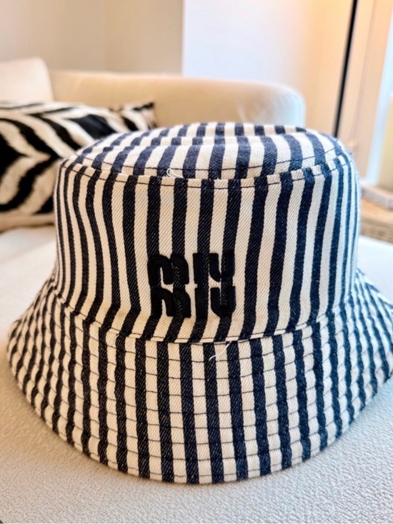 Miu Miu Accessories - Miu Miu Navy and White Striped Bucket Hat with Embroidered Monogram